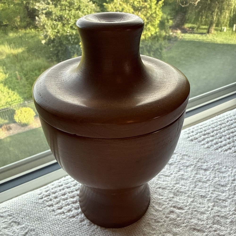 Vintage Hand Turned Wooden Trinket Storage Box with Lid 6.5" Tall Minimalist MCM